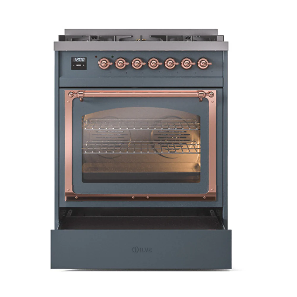 ILVE Nostalgie II Noblesse 30-Inch Natural Gas Dual Fuel Range with Triple Glass Door in Blue Grey with Copper Trim (UN30NMPBGP) - Image 6
