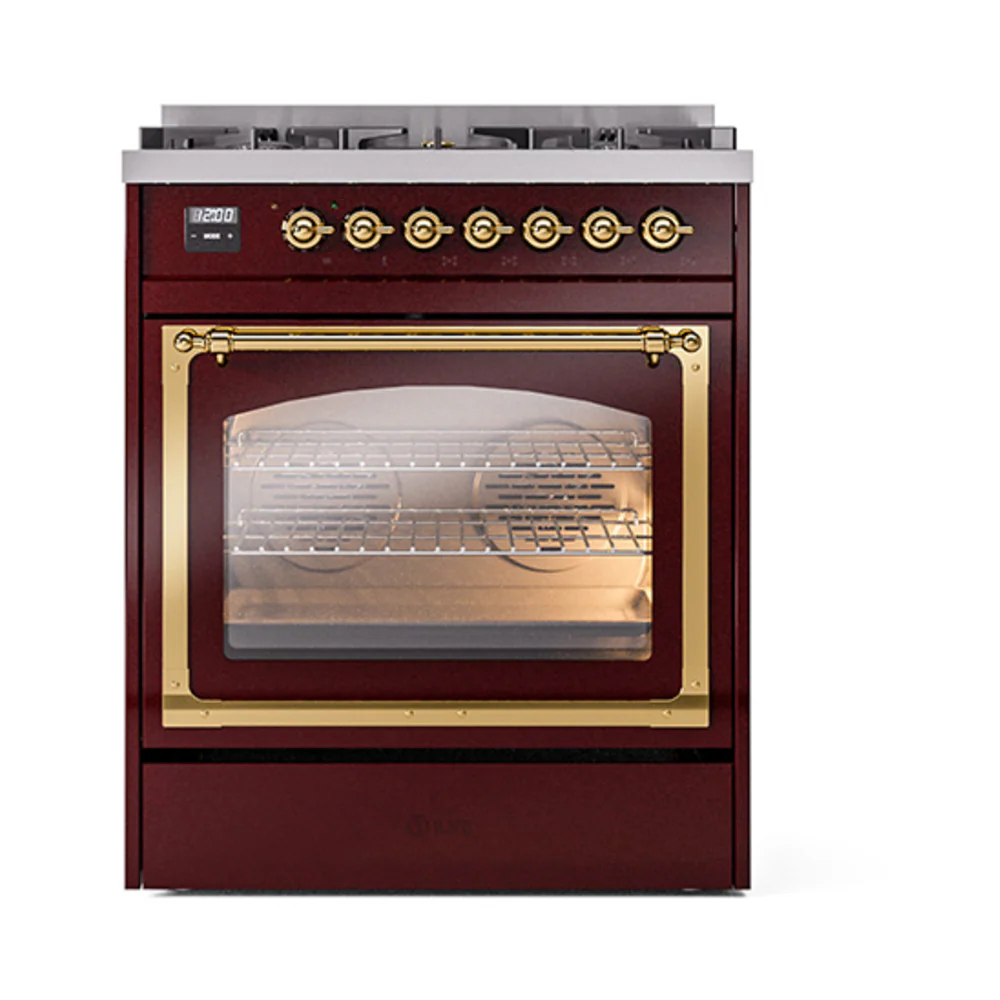 ILVE Nostalgie II Noblesse 30-Inch Natural Gas Dual Fuel Range with Triple Glass Door in Burgundy with Brass Trim (UN30NMPBUG) - Image 2