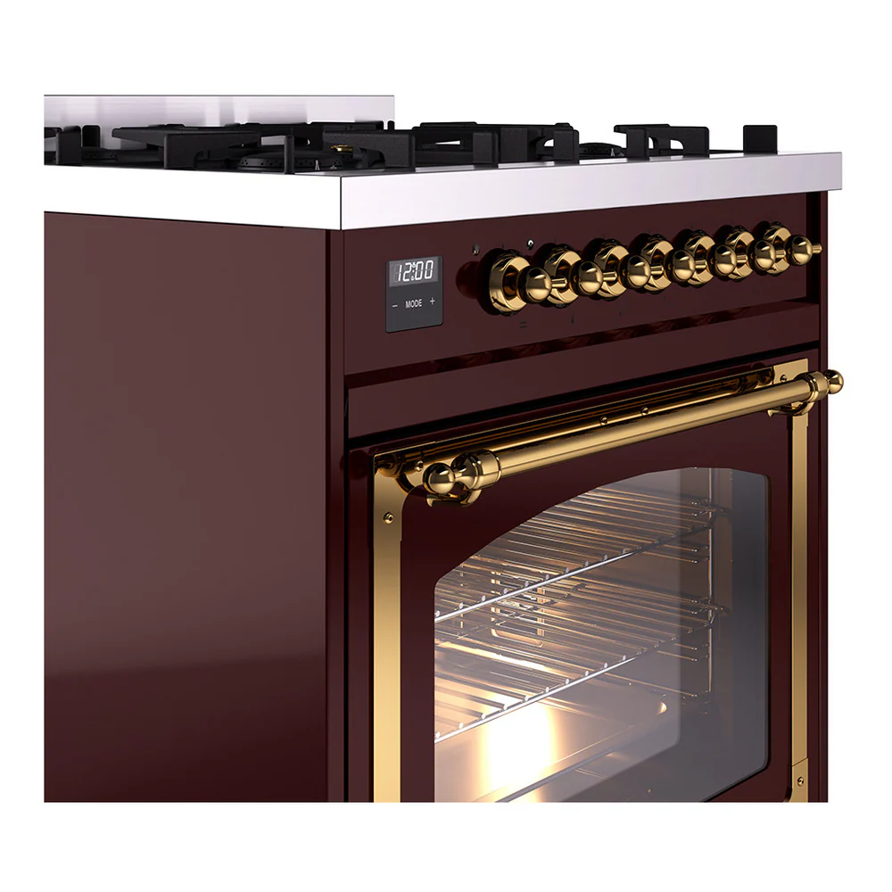 ILVE Nostalgie II Noblesse 30-Inch Natural Gas Dual Fuel Range with Triple Glass Door in Burgundy with Brass Trim (UN30NMPBUG) - Image 3