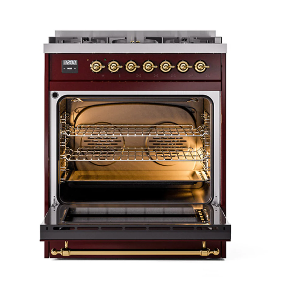 ILVE Nostalgie II Noblesse 30-Inch Natural Gas Dual Fuel Range with Triple Glass Door in Burgundy with Brass Trim (UN30NMPBUG) - Image 6