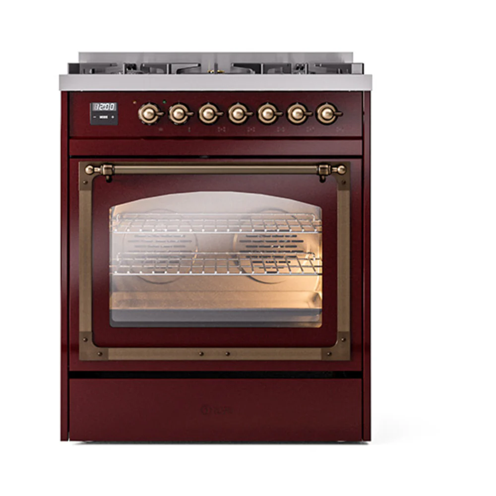 ILVE Nostalgie II Noblesse 30-Inch Natural Gas Dual Fuel Range with Triple Glass Door in Burgundy with Bronze Trim (UN30NMPBUB) - Image 2