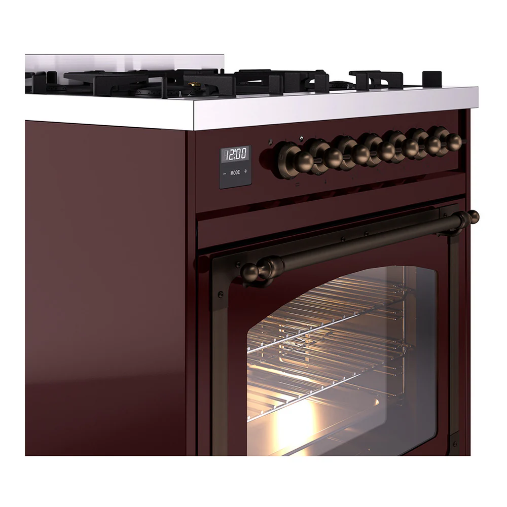 ILVE Nostalgie II Noblesse 30-Inch Natural Gas Dual Fuel Range with Triple Glass Door in Burgundy with Bronze Trim (UN30NMPBUB) - Image 3