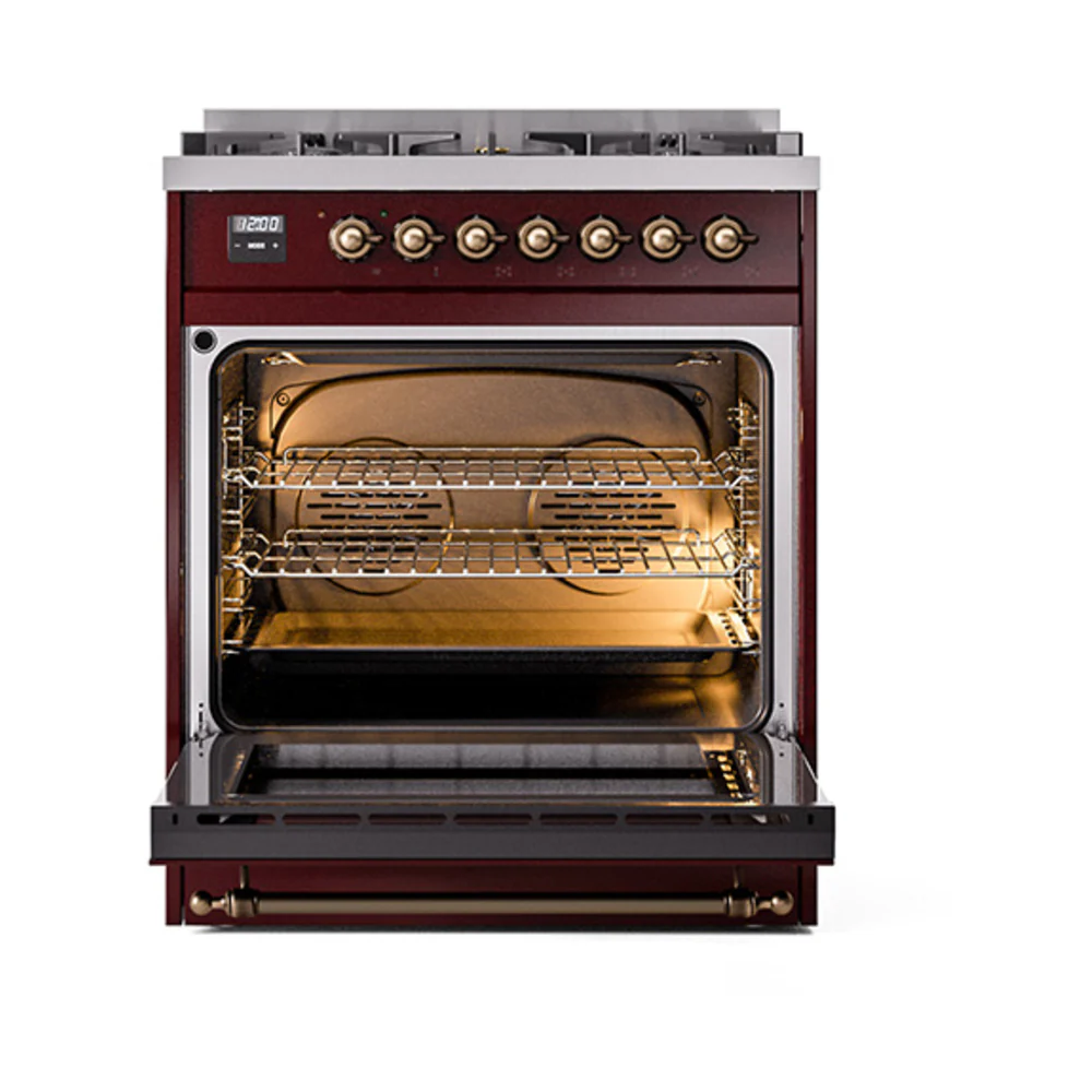 ILVE Nostalgie II Noblesse 30-Inch Natural Gas Dual Fuel Range with Triple Glass Door in Burgundy with Bronze Trim (UN30NMPBUB) - Image 6