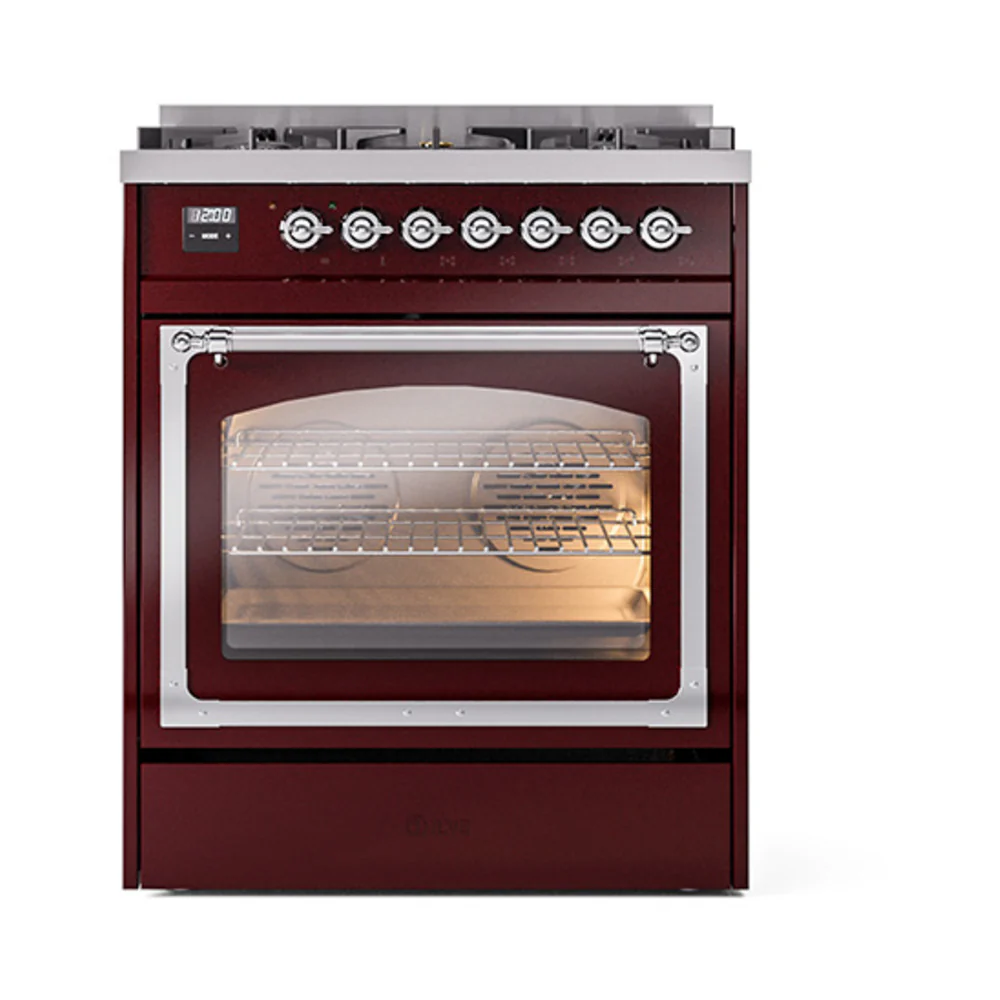 ILVE Nostalgie II Noblesse 30-Inch Natural Gas Dual Fuel Range with Triple Glass Door in Burgundy with Chrome Trim (UN30NMPBUC) - Image 2