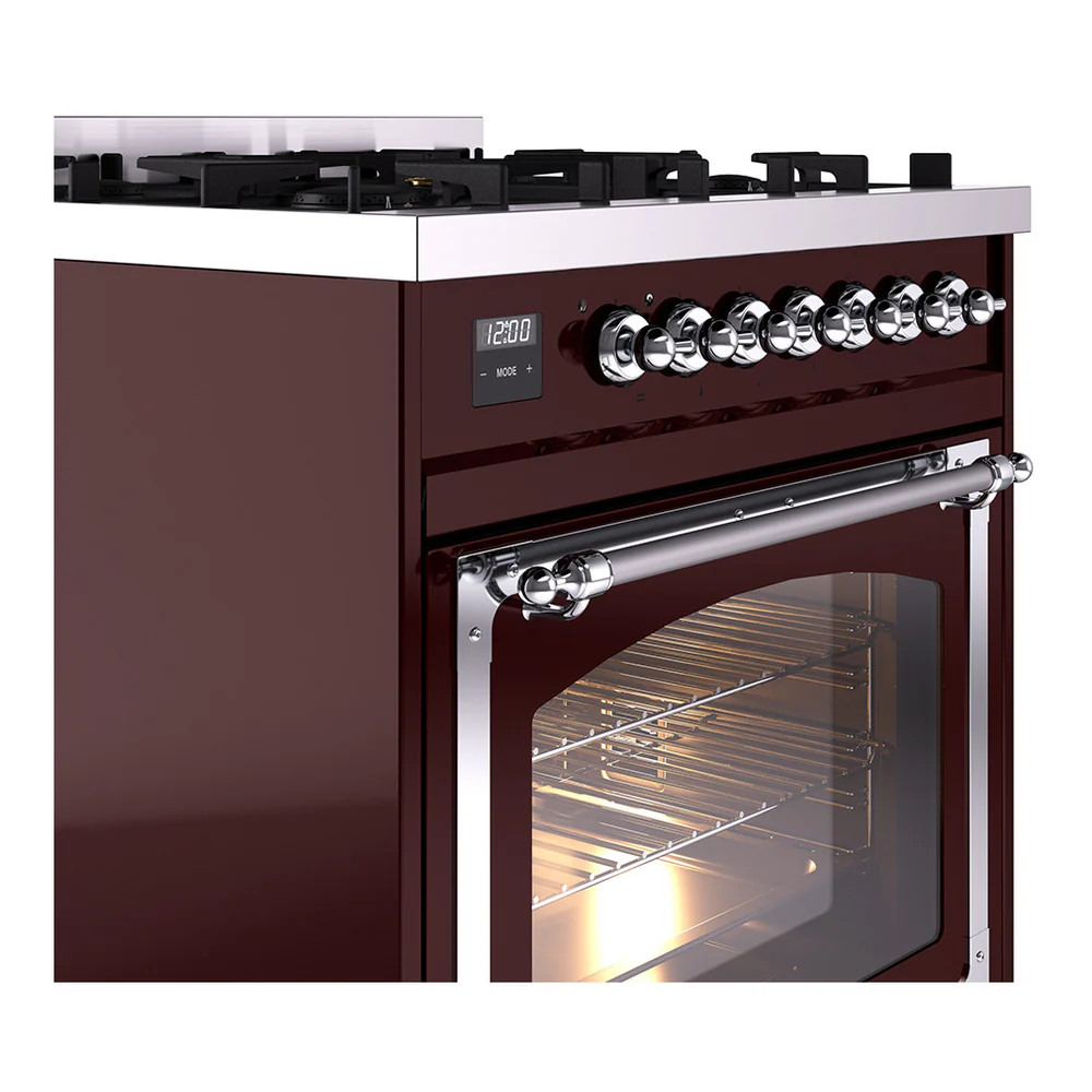 ILVE Nostalgie II Noblesse 30-Inch Natural Gas Dual Fuel Range with Triple Glass Door in Burgundy with Chrome Trim (UN30NMPBUC) - Image 3
