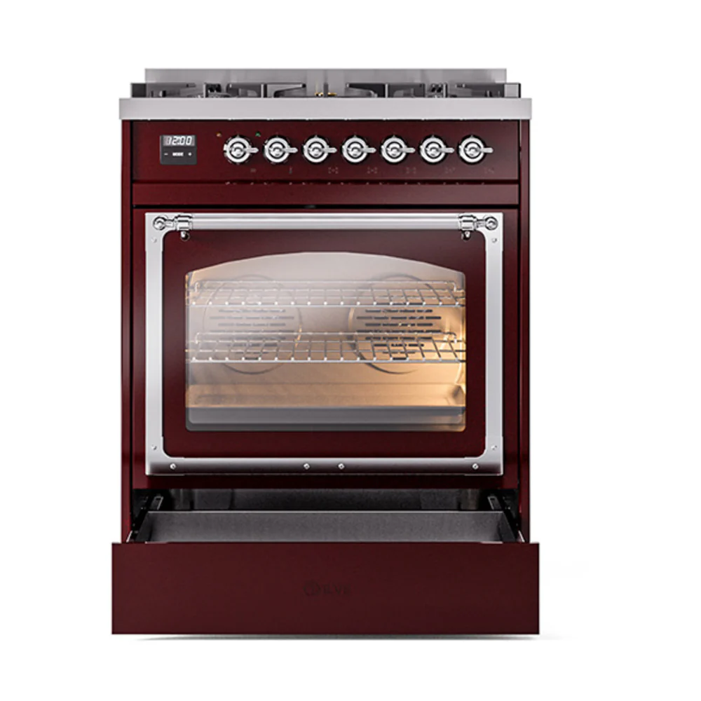ILVE Nostalgie II Noblesse 30-Inch Natural Gas Dual Fuel Range with Triple Glass Door in Burgundy with Chrome Trim (UN30NMPBUC) - Image 6