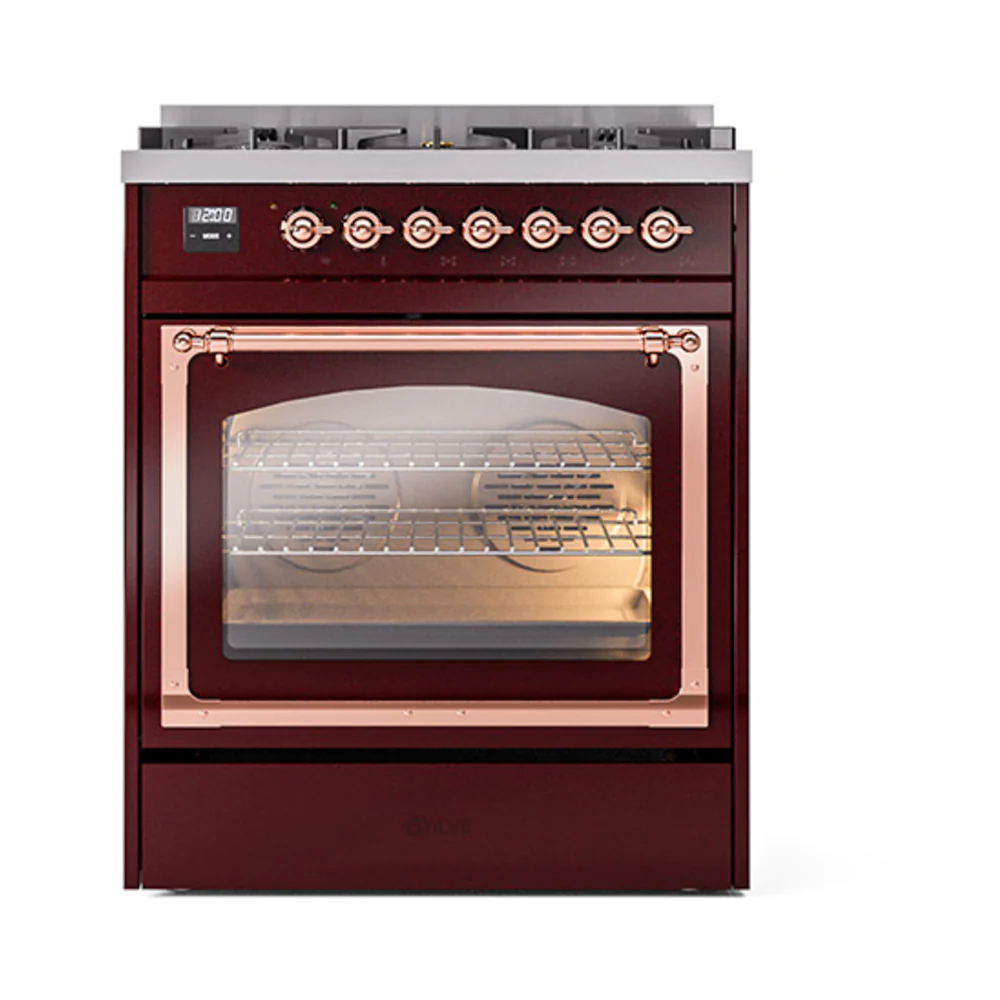 ILVE Nostalgie II Noblesse 30-Inch Natural Gas Dual Fuel Range with Triple Glass Door in Burgundy with Copper Trim (UN30NMPBUP) - Image 2