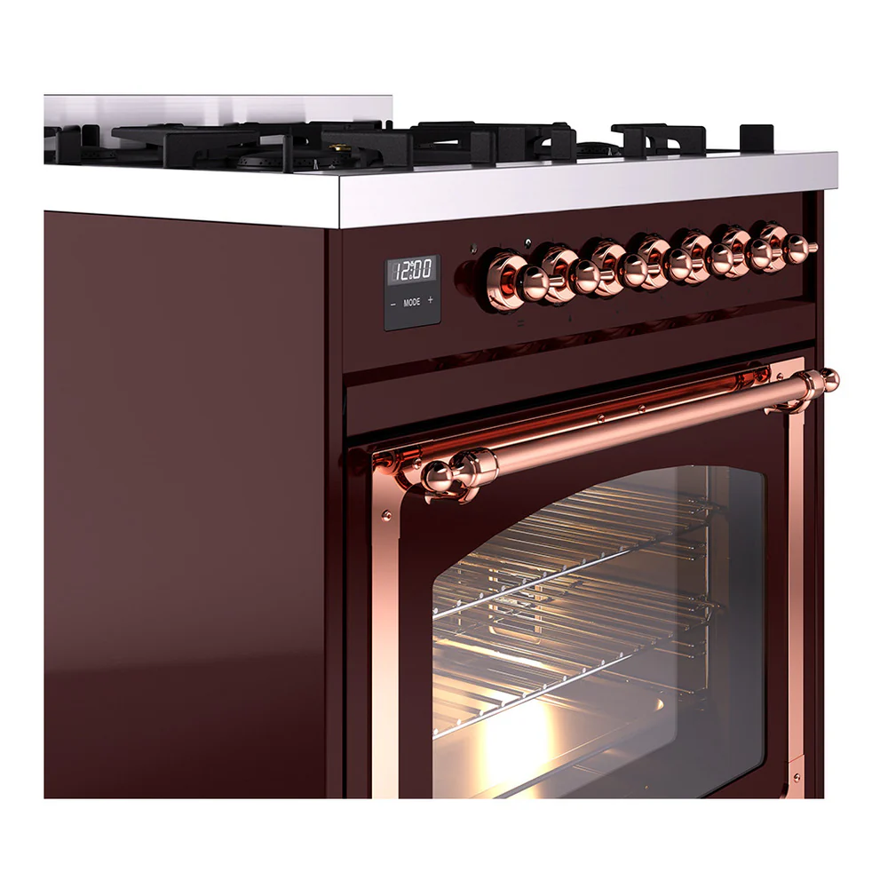 ILVE Nostalgie II Noblesse 30-Inch Natural Gas Dual Fuel Range with Triple Glass Door in Burgundy with Copper Trim (UN30NMPBUP) - Image 3