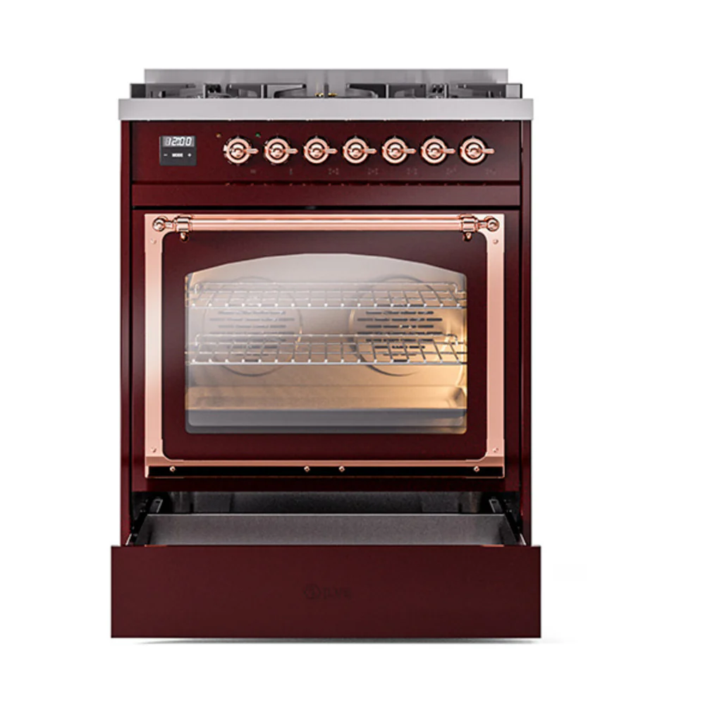 ILVE Nostalgie II Noblesse 30-Inch Natural Gas Dual Fuel Range with Triple Glass Door in Burgundy with Copper Trim (UN30NMPBUP) - Image 5