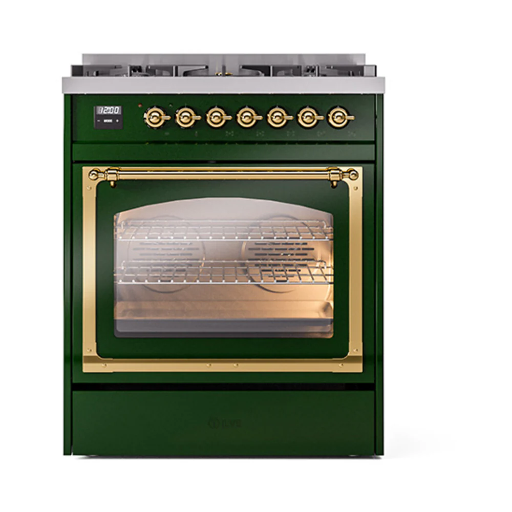 ILVE Nostalgie II Noblesse 30-Inch Natural Gas Dual Fuel Range with Triple Glass Door in Emerald Green with Brass Trim (UN30NMPEGG) - Image 2