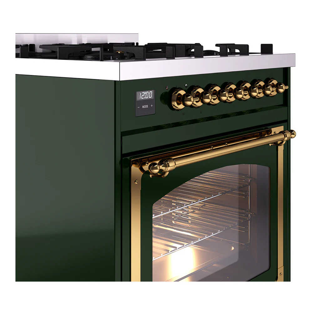 ILVE Nostalgie II Noblesse 30-Inch Natural Gas Dual Fuel Range with Triple Glass Door in Emerald Green with Brass Trim (UN30NMPEGG) - Image 3