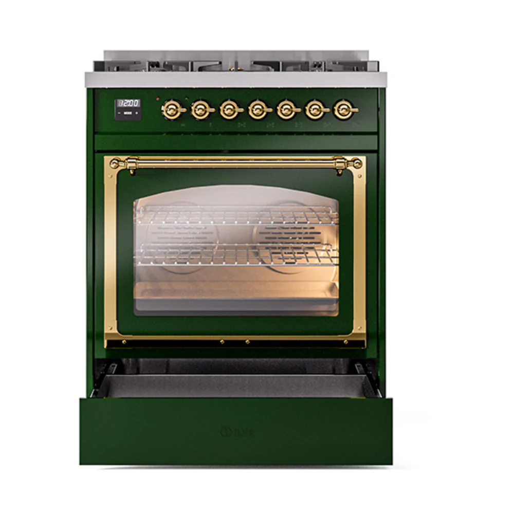 ILVE Nostalgie II Noblesse 30-Inch Natural Gas Dual Fuel Range with Triple Glass Door in Emerald Green with Brass Trim (UN30NMPEGG) - Image 6