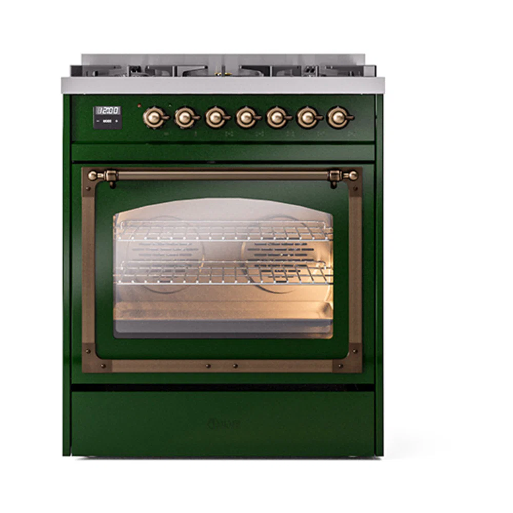 ILVE Nostalgie II Noblesse 30-Inch Natural Gas Dual Fuel Range with Triple Glass Door in Emerald Green with Bronze Trim (UN30NMPEGB) - Image 2