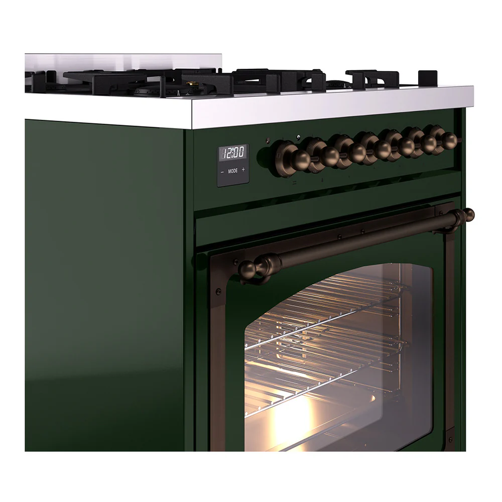 ILVE Nostalgie II Noblesse 30-Inch Natural Gas Dual Fuel Range with Triple Glass Door in Emerald Green with Bronze Trim (UN30NMPEGB) - Image 3