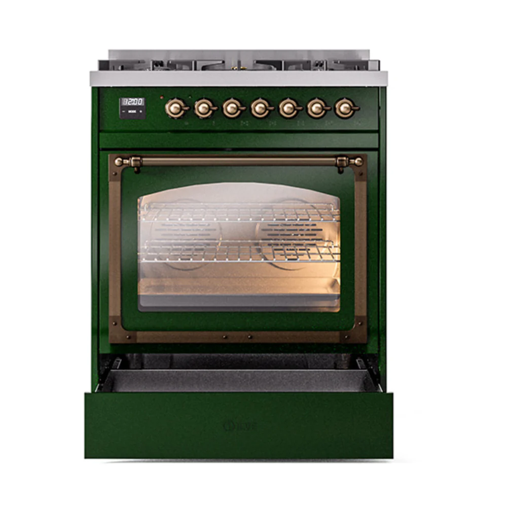 ILVE Nostalgie II Noblesse 30-Inch Natural Gas Dual Fuel Range with Triple Glass Door in Emerald Green with Bronze Trim (UN30NMPEGB) - Image 8