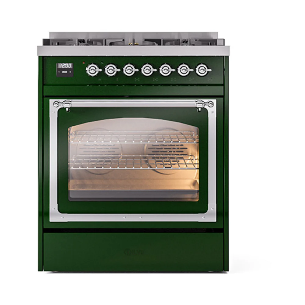 ILVE Nostalgie II Noblesse 30-Inch Natural Gas Dual Fuel Range with Triple Glass Door in Emerald Green with Chrome Trim (UN30NMPEGC) - Image 2