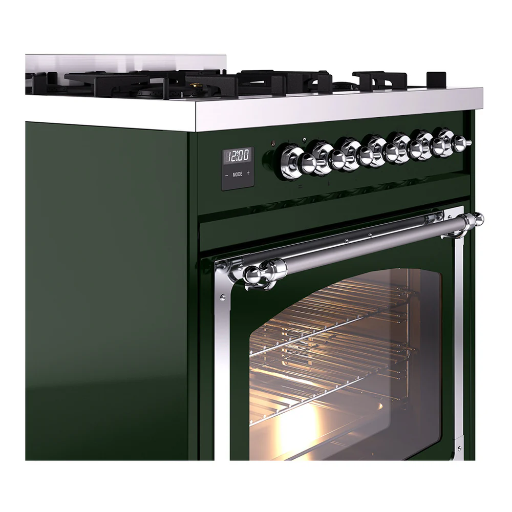ILVE Nostalgie II Noblesse 30-Inch Natural Gas Dual Fuel Range with Triple Glass Door in Emerald Green with Chrome Trim (UN30NMPEGC) - Image 3