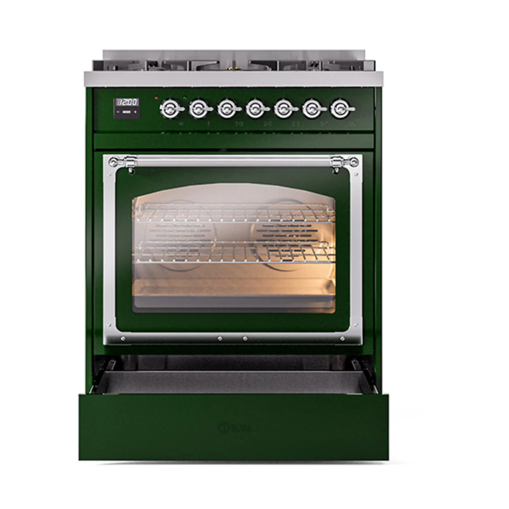 ILVE Nostalgie II Noblesse 30-Inch Natural Gas Dual Fuel Range with Triple Glass Door in Emerald Green with Chrome Trim (UN30NMPEGC) - Image 6