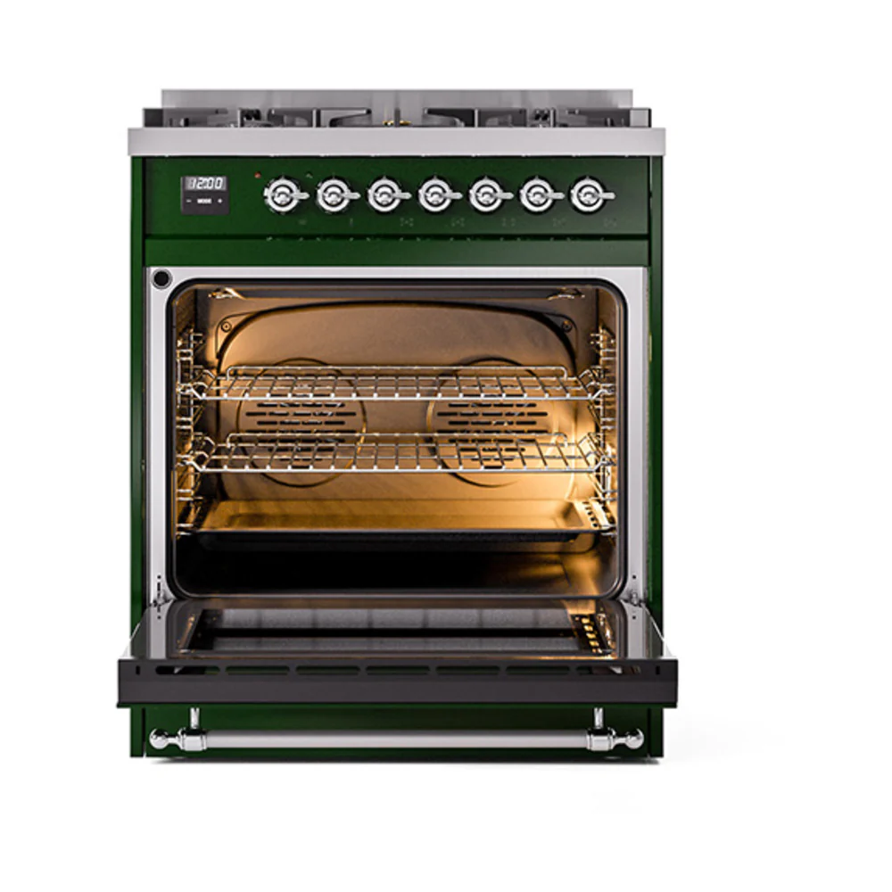 ILVE Nostalgie II Noblesse 30-Inch Natural Gas Dual Fuel Range with Triple Glass Door in Emerald Green with Chrome Trim (UN30NMPEGC) - Image 7