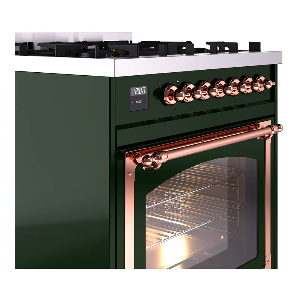 ILVE Nostalgie II Noblesse 30-Inch Natural Gas Dual Fuel Range with Triple Glass Door in Emerald Green with Copper Trim (UN30NMPEGP) - Image 3