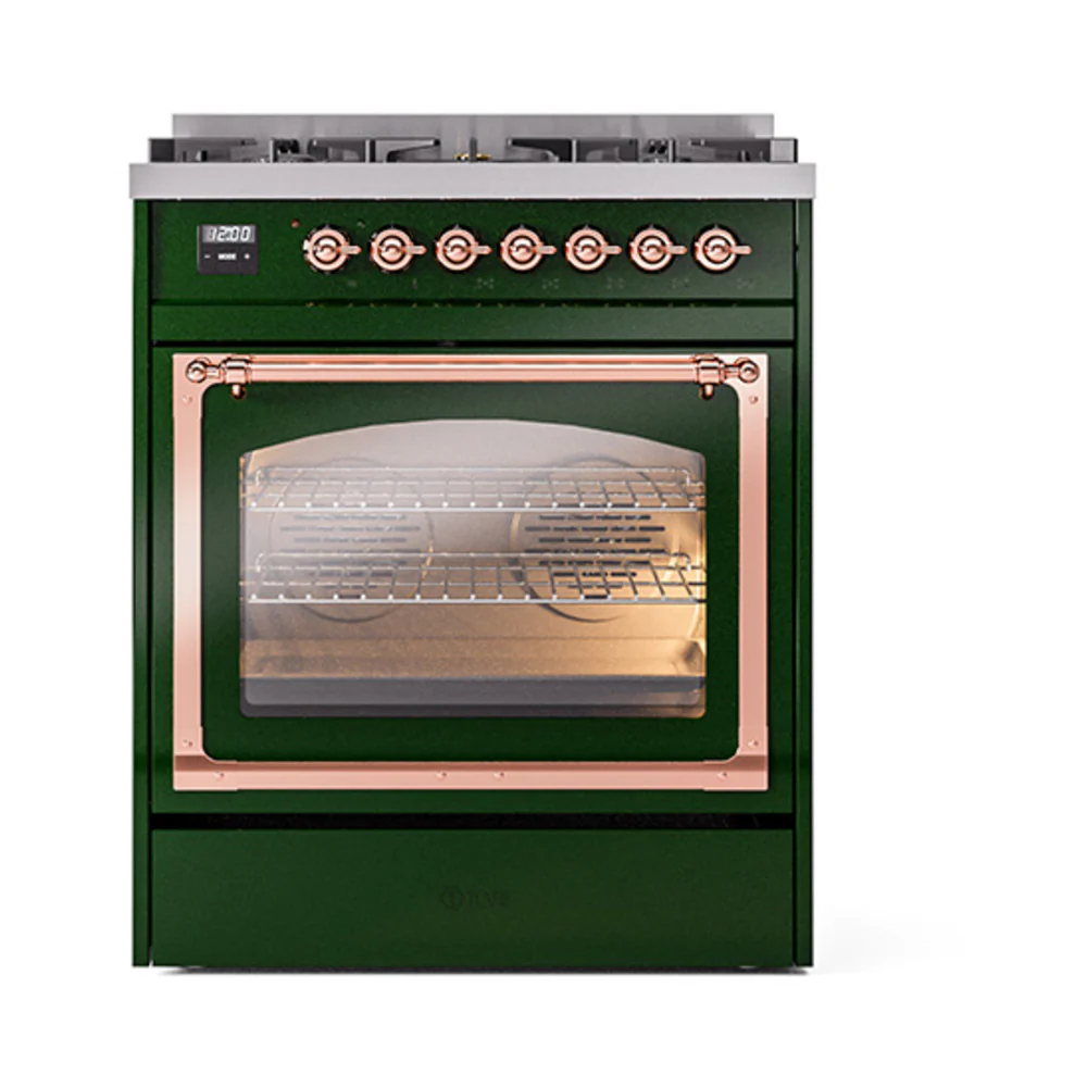 ILVE Nostalgie II Noblesse 30-Inch Natural Gas Dual Fuel Range with Triple Glass Door in Emerald Green with Copper Trim (UN30NMPEGP) - Image 5