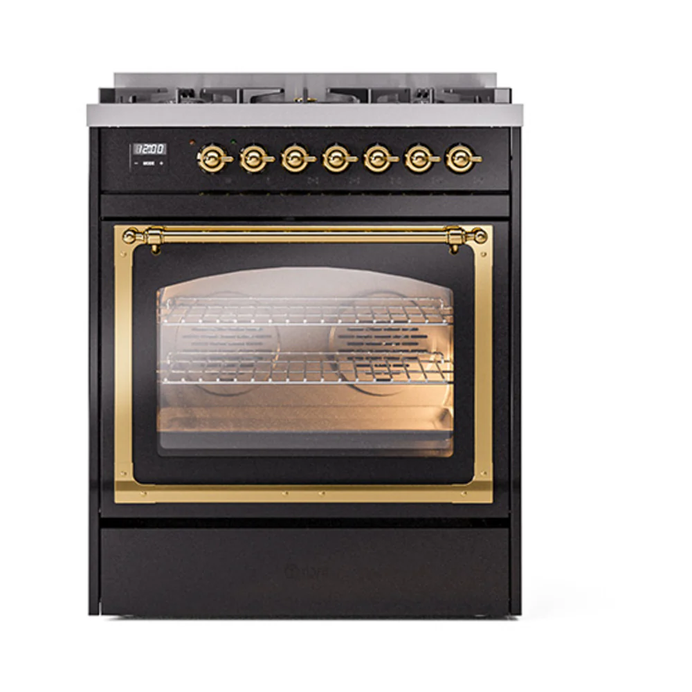 ILVE Nostalgie II Noblesse 30-Inch Natural Gas Dual Fuel Range with Triple Glass Door in Glossy Black with Brass Trim (UN30NMPBKG) - Image 2