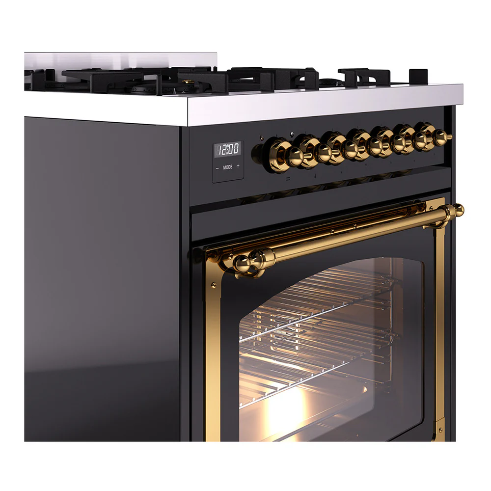 ILVE Nostalgie II Noblesse 30-Inch Natural Gas Dual Fuel Range with Triple Glass Door in Glossy Black with Brass Trim (UN30NMPBKG) - Image 3