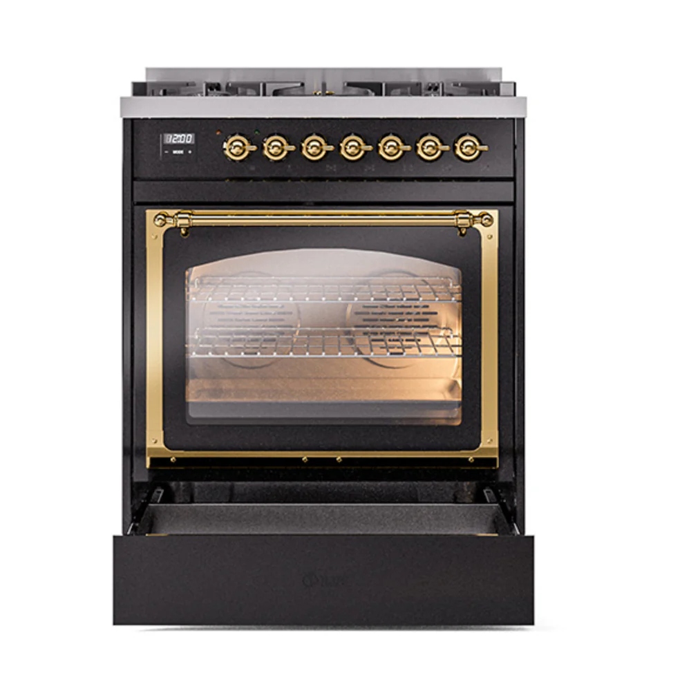 ILVE Nostalgie II Noblesse 30-Inch Natural Gas Dual Fuel Range with Triple Glass Door in Glossy Black with Brass Trim (UN30NMPBKG) - Image 6