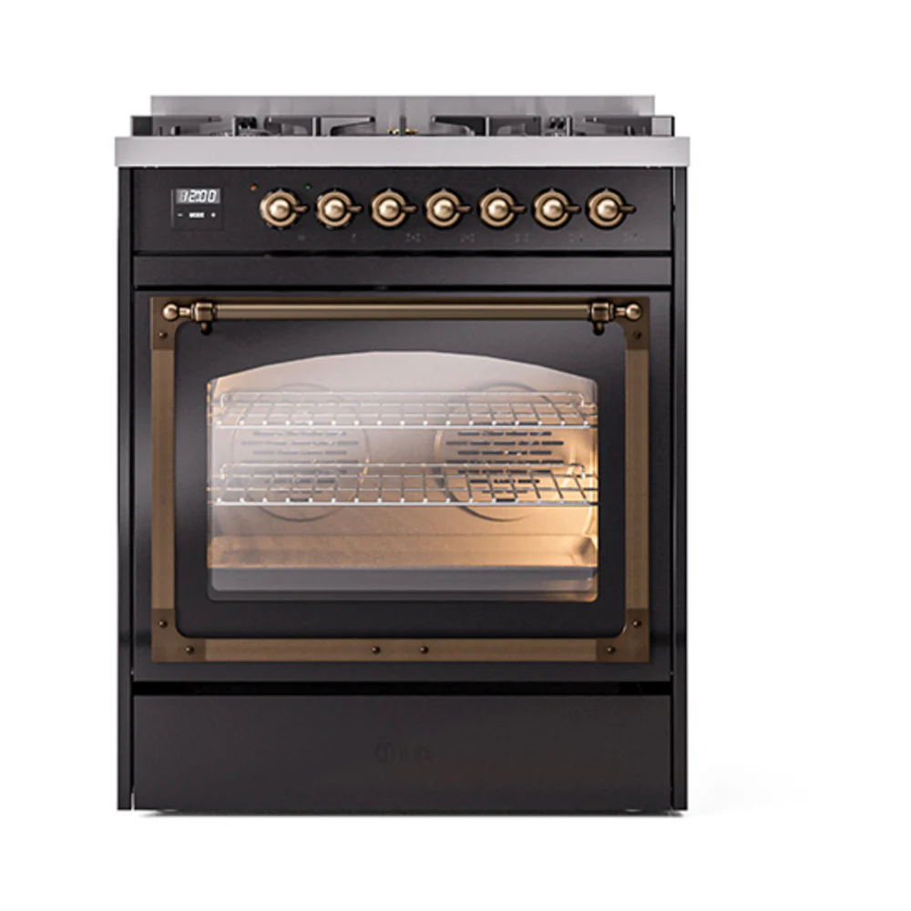 ILVE Nostalgie II Noblesse 30-Inch Natural Gas Dual Fuel Range with Triple Glass Door in Glossy Black with Bronze Trim (UN30NMPBKB) - Image 2