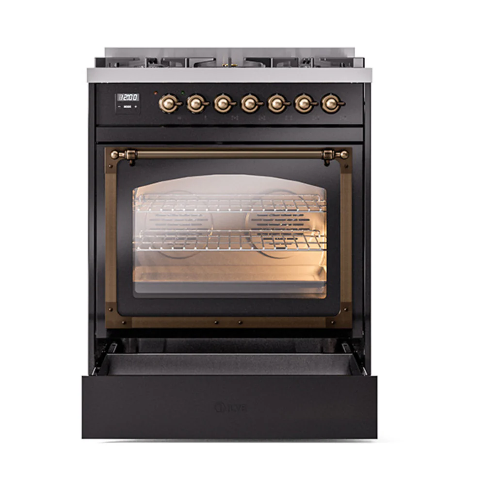 ILVE Nostalgie II Noblesse 30-Inch Natural Gas Dual Fuel Range with Triple Glass Door in Glossy Black with Bronze Trim (UN30NMPBKB) - Image 6