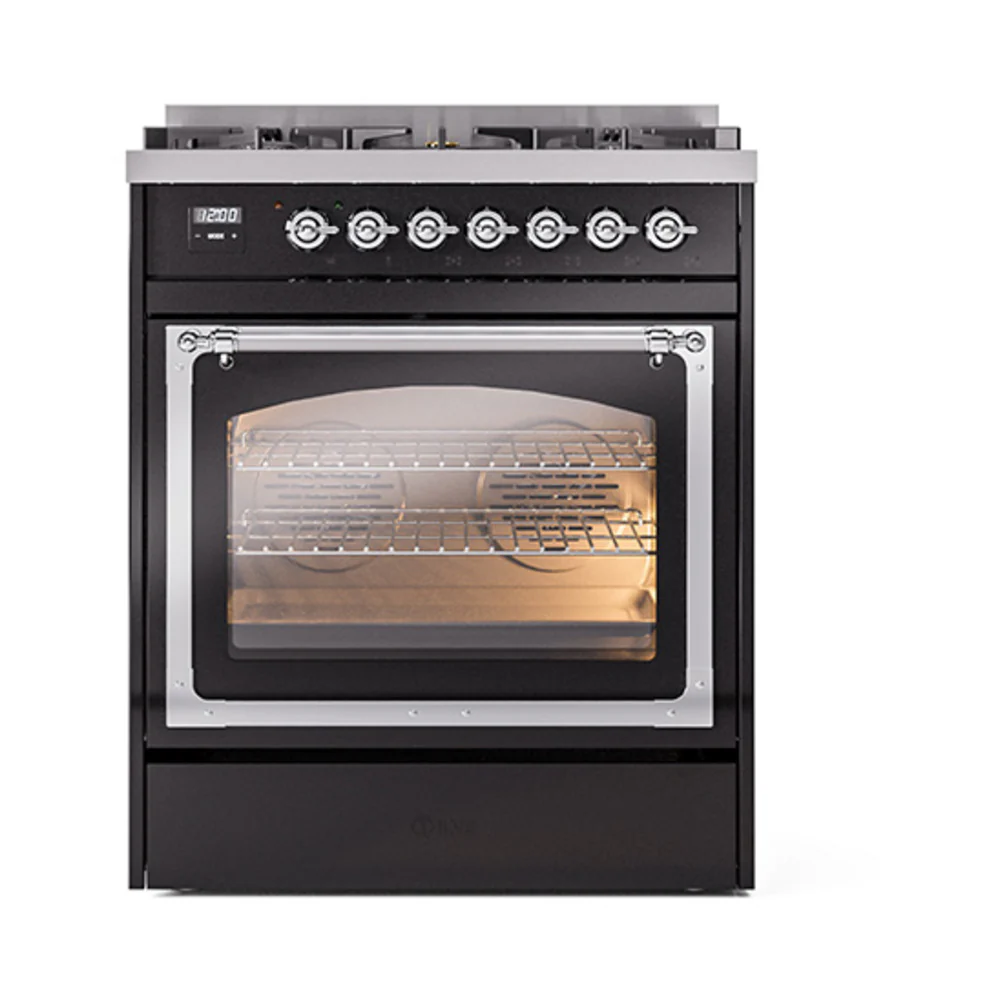 ILVE Nostalgie II Noblesse 30-Inch Natural Gas Dual Fuel Range with Triple Glass Door in Glossy Black with Chrome Trim (UN30NMPBKC) - Image 2