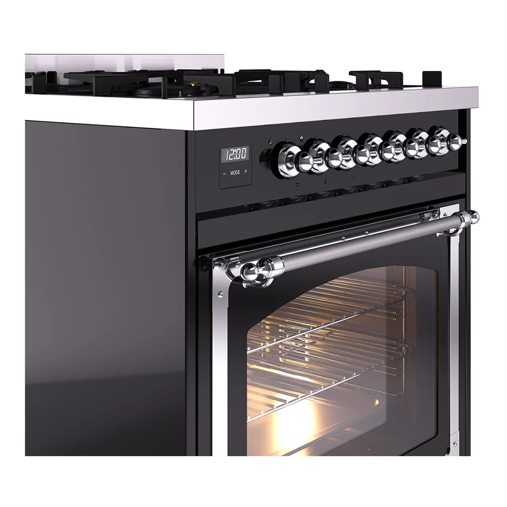 ILVE Nostalgie II Noblesse 30-Inch Natural Gas Dual Fuel Range with Triple Glass Door in Glossy Black with Chrome Trim (UN30NMPBKC) - Image 3