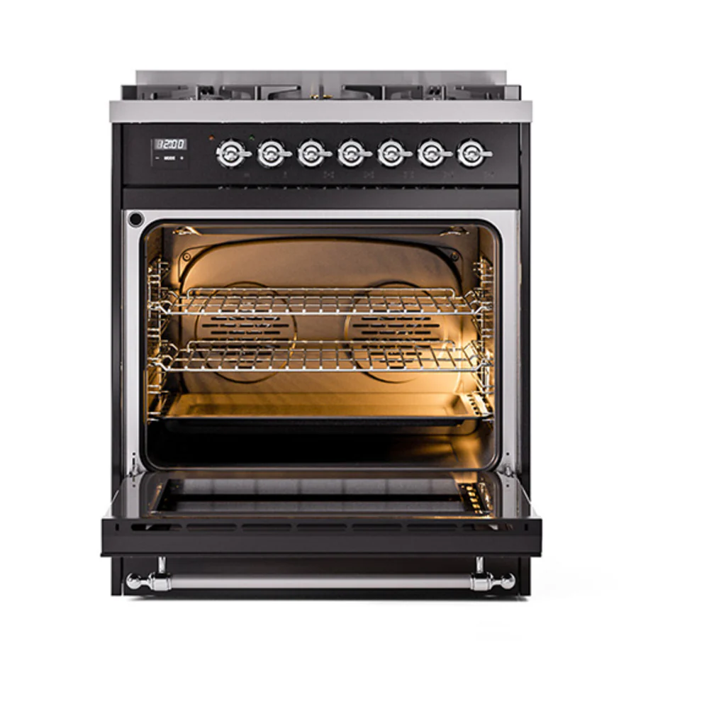 ILVE Nostalgie II Noblesse 30-Inch Natural Gas Dual Fuel Range with Triple Glass Door in Glossy Black with Chrome Trim (UN30NMPBKC) - Image 5
