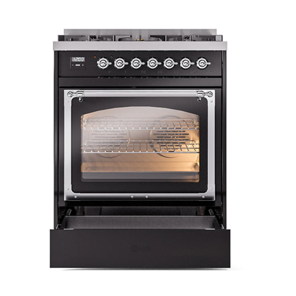 ILVE Nostalgie II Noblesse 30-Inch Natural Gas Dual Fuel Range with Triple Glass Door in Glossy Black with Chrome Trim (UN30NMPBKC) - Image 6
