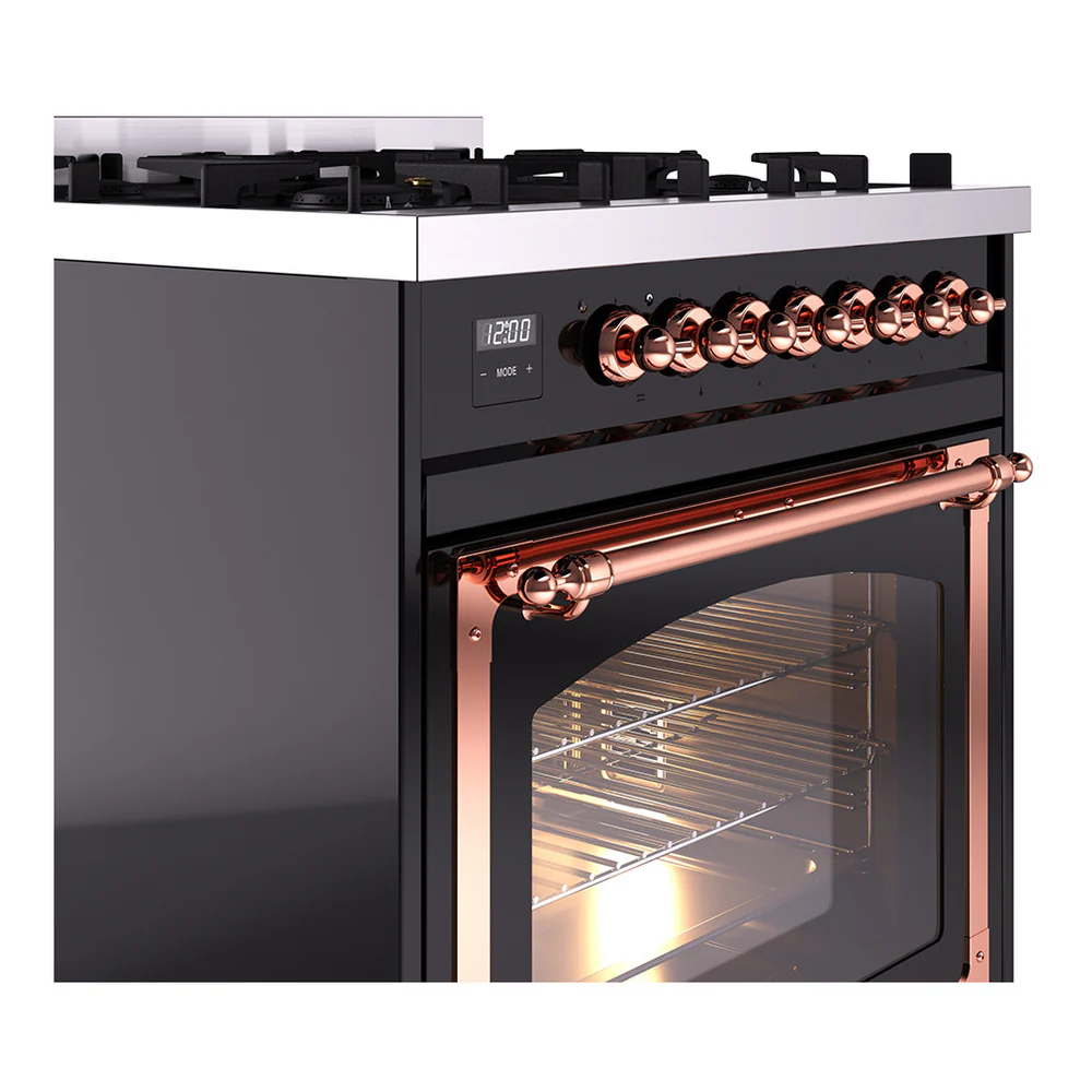 ILVE Nostalgie II Noblesse 30-Inch Natural Gas Dual Fuel Range with Triple Glass Door in Glossy Black with Copper Trim (UN30NMPBKP) - Image 3