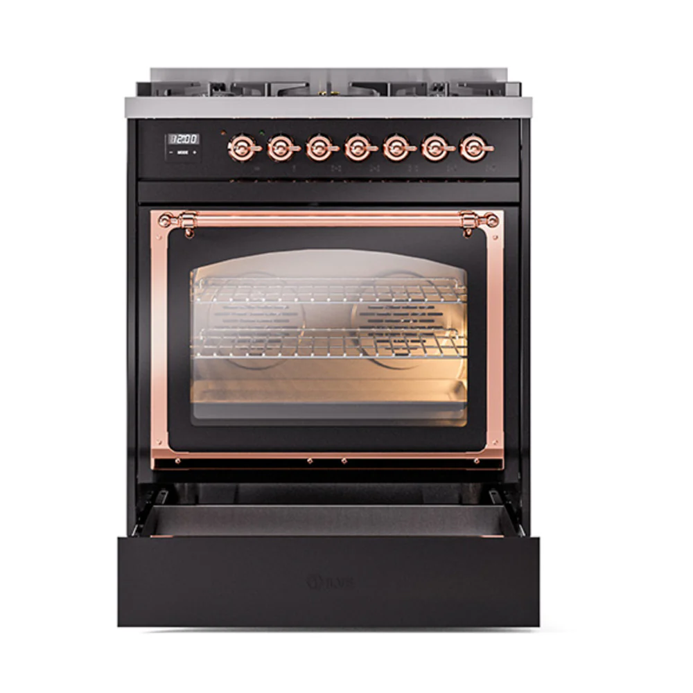 ILVE Nostalgie II Noblesse 30-Inch Natural Gas Dual Fuel Range with Triple Glass Door in Glossy Black with Copper Trim (UN30NMPBKP) - Image 5