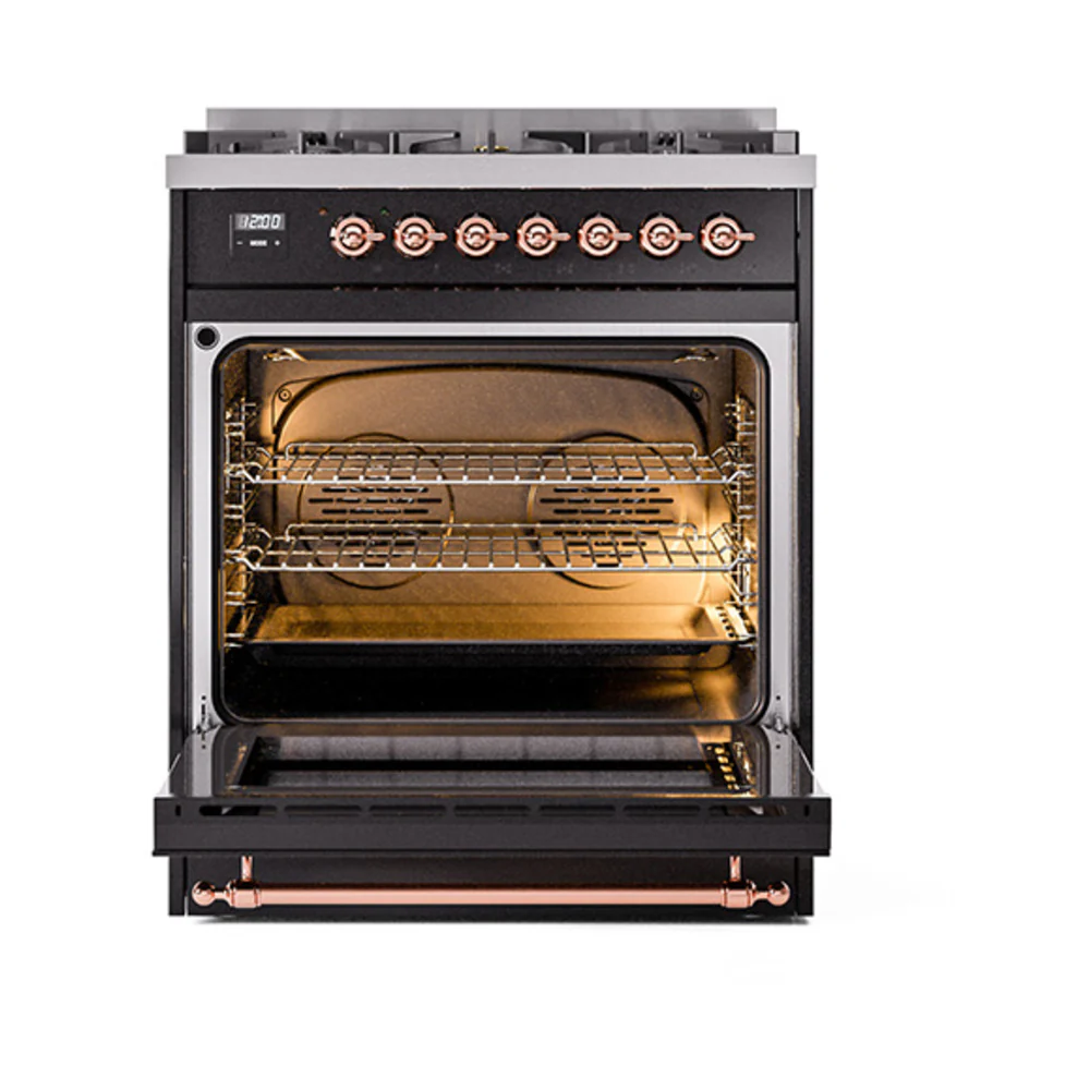ILVE Nostalgie II Noblesse 30-Inch Natural Gas Dual Fuel Range with Triple Glass Door in Glossy Black with Copper Trim (UN30NMPBKP) - Image 6