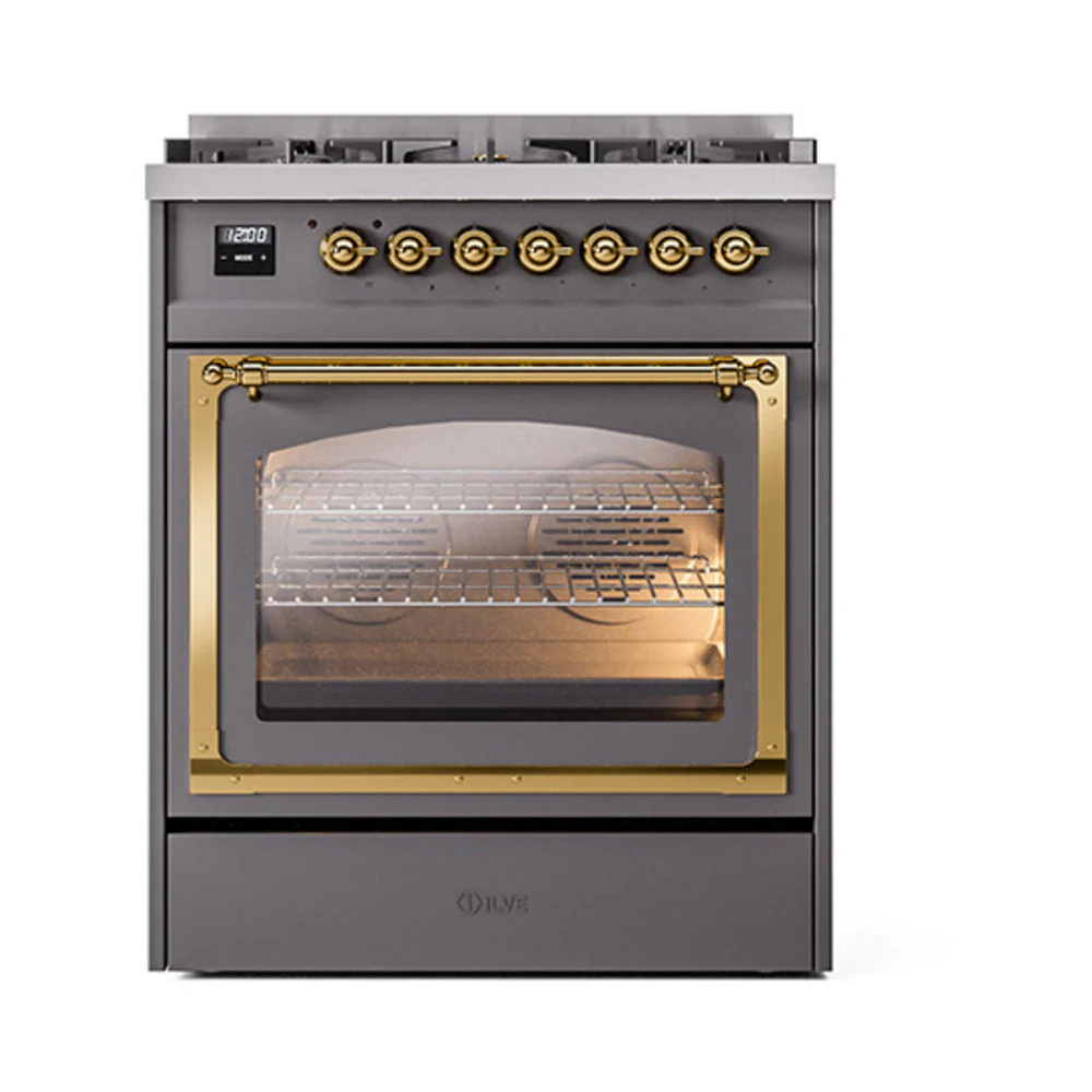 ILVE Nostalgie II Noblesse 30-Inch Natural Gas Dual Fuel Range with Triple Glass Door in Matte Graphite with Brass Trim (UN30NMPMGG) - Image 2