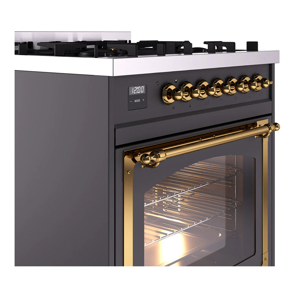 ILVE Nostalgie II Noblesse 30-Inch Natural Gas Dual Fuel Range with Triple Glass Door in Matte Graphite with Brass Trim (UN30NMPMGG) - Image 3