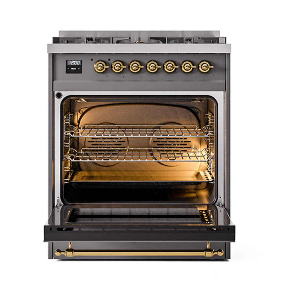 ILVE Nostalgie II Noblesse 30-Inch Natural Gas Dual Fuel Range with Triple Glass Door in Matte Graphite with Brass Trim (UN30NMPMGG) - Image 5