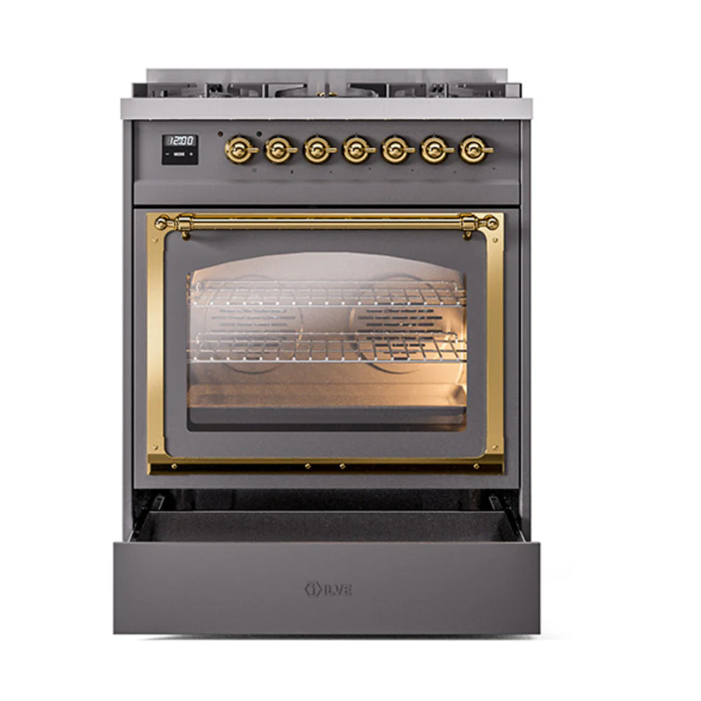 ILVE Nostalgie II Noblesse 30-Inch Natural Gas Dual Fuel Range with Triple Glass Door in Matte Graphite with Brass Trim (UN30NMPMGG) - Image 6