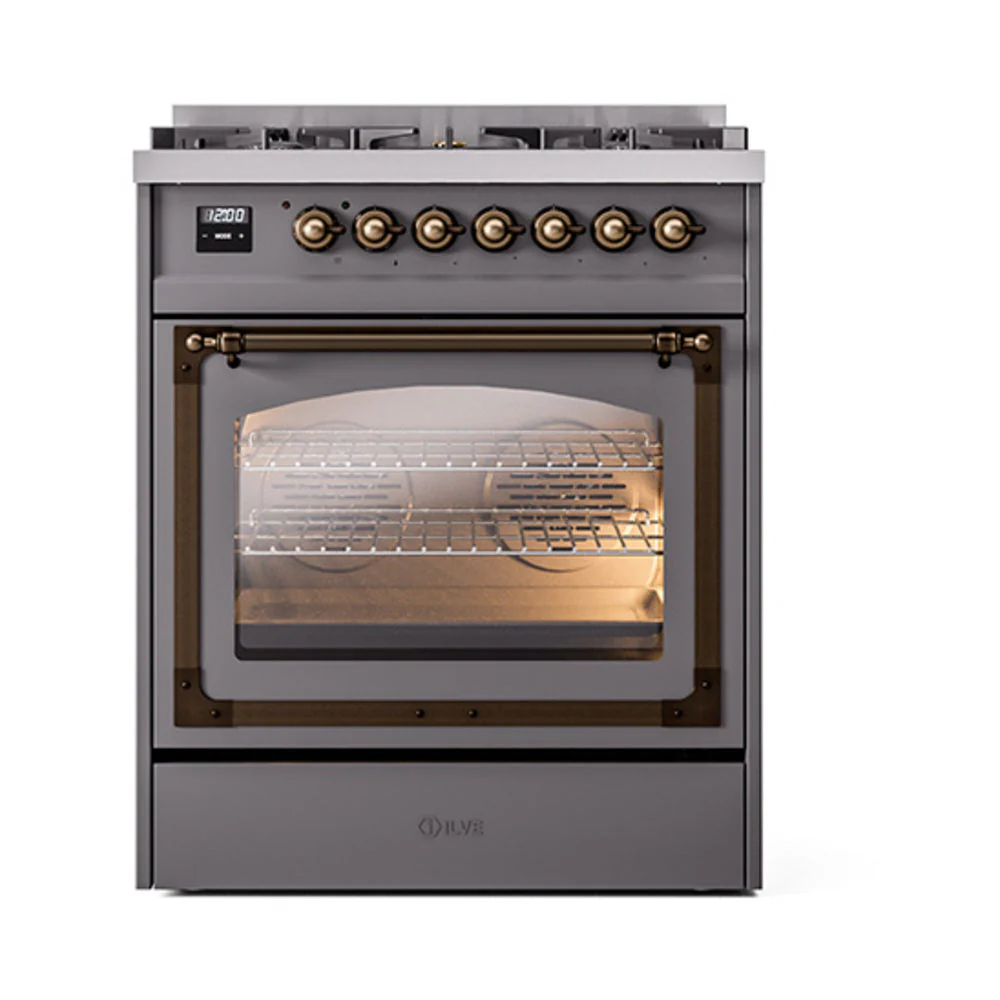 ILVE Nostalgie II Noblesse 30-Inch Natural Gas Dual Fuel Range with Triple Glass Door in Matte Graphite with Bronze Trim (UN30NMPMGB) - Image 2
