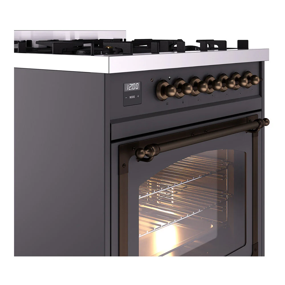 ILVE Nostalgie II Noblesse 30-Inch Natural Gas Dual Fuel Range with Triple Glass Door in Matte Graphite with Bronze Trim (UN30NMPMGB) - Image 3