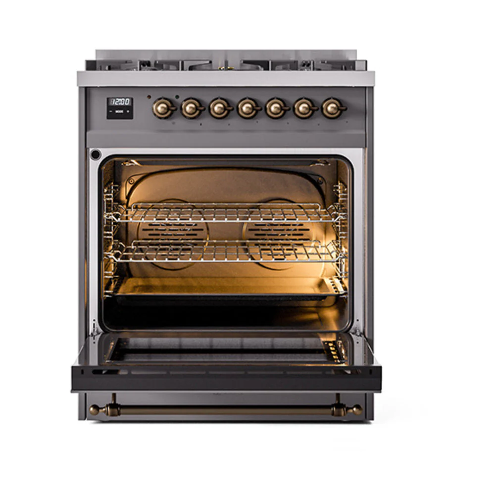 ILVE Nostalgie II Noblesse 30-Inch Natural Gas Dual Fuel Range with Triple Glass Door in Matte Graphite with Bronze Trim (UN30NMPMGB) - Image 5