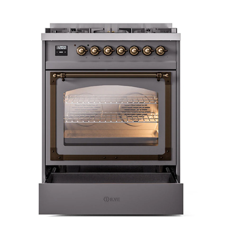 ILVE Nostalgie II Noblesse 30-Inch Natural Gas Dual Fuel Range with Triple Glass Door in Matte Graphite with Bronze Trim (UN30NMPMGB) - Image 6