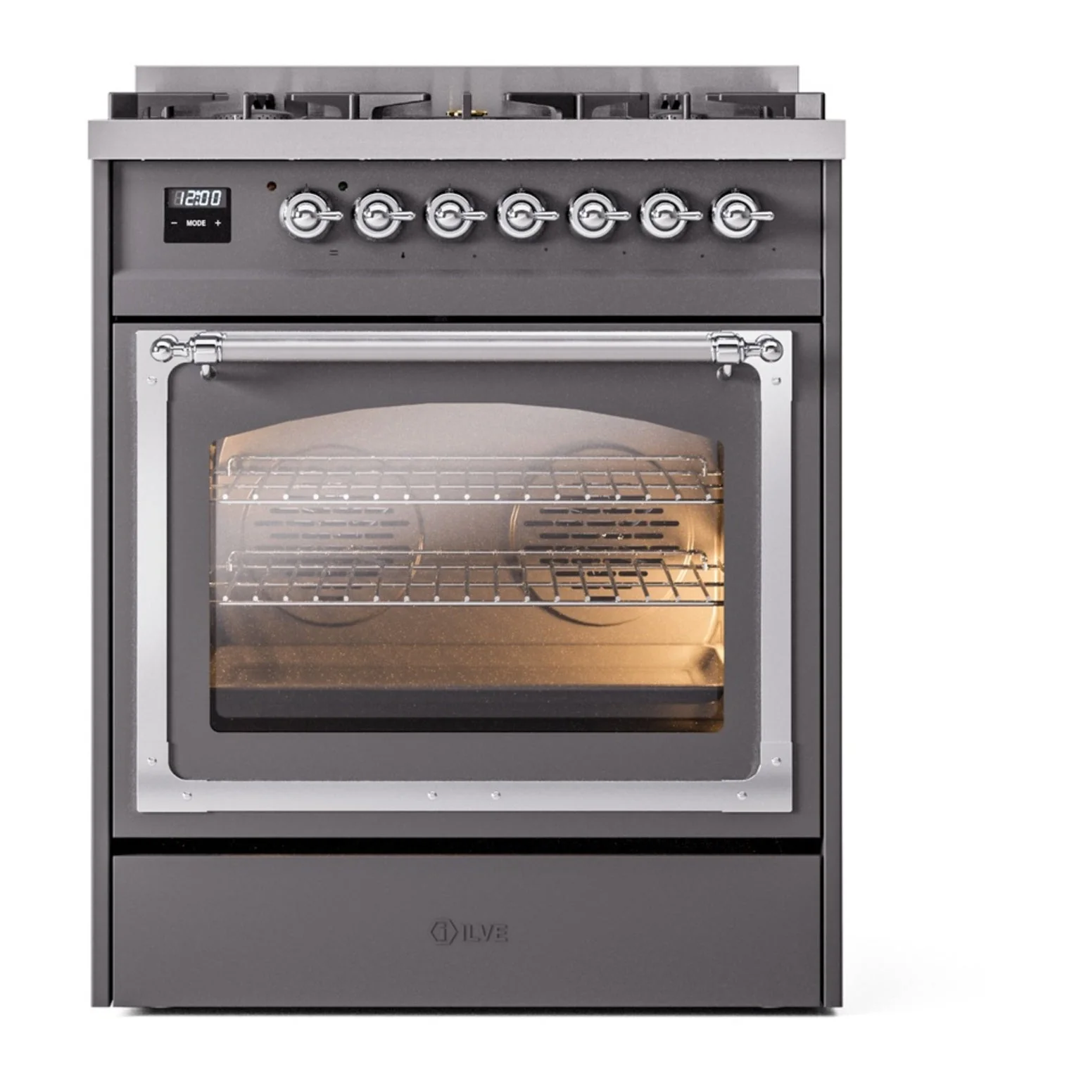 ILVE Nostalgie II Noblesse 30-Inch Natural Gas Dual Fuel Range with Triple Glass Door in Matte Graphite with Chrome Trim (UN30NMPMGC) - Image 2