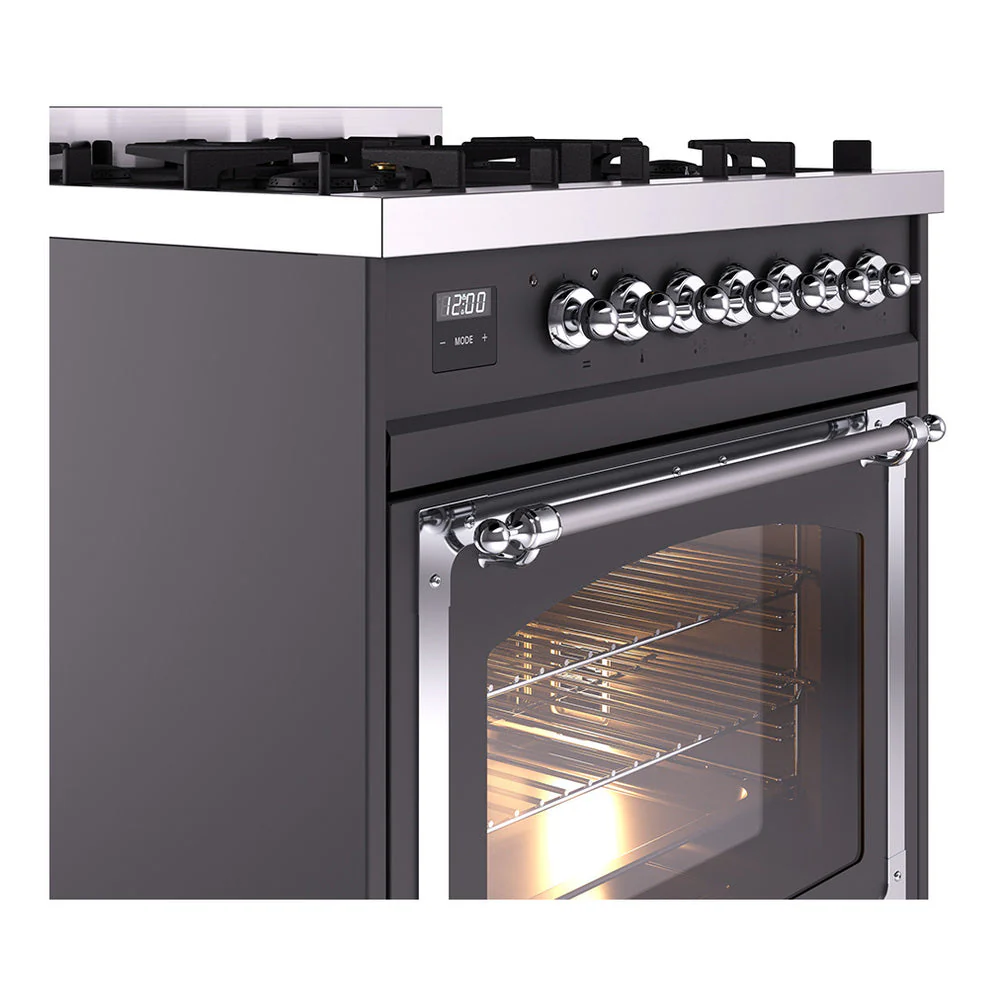 ILVE Nostalgie II Noblesse 30-Inch Natural Gas Dual Fuel Range with Triple Glass Door in Matte Graphite with Chrome Trim (UN30NMPMGC) - Image 3