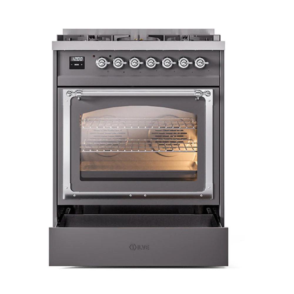 ILVE Nostalgie II Noblesse 30-Inch Natural Gas Dual Fuel Range with Triple Glass Door in Matte Graphite with Chrome Trim (UN30NMPMGC) - Image 6