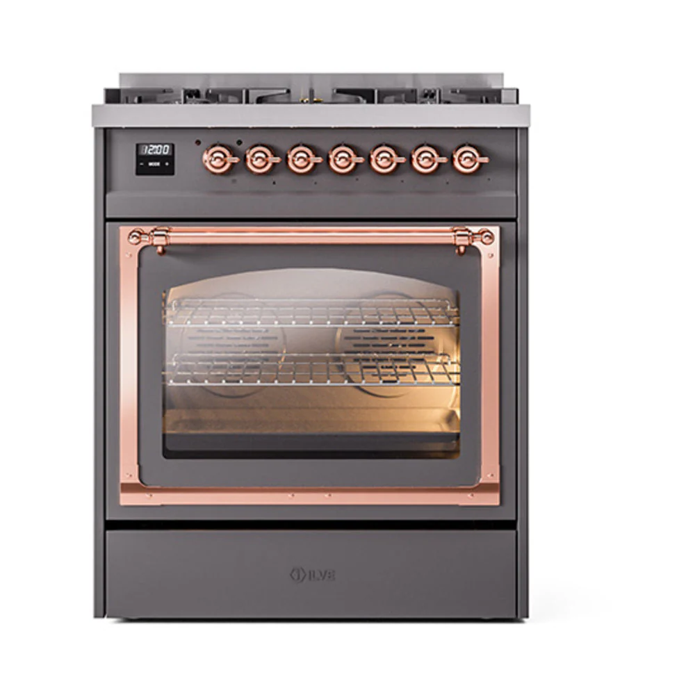 ILVE Nostalgie II Noblesse 30-Inch Natural Gas Dual Fuel Range with Triple Glass Door in Matte Graphite with Copper Trim (UN30NMPMGP) - Image 2