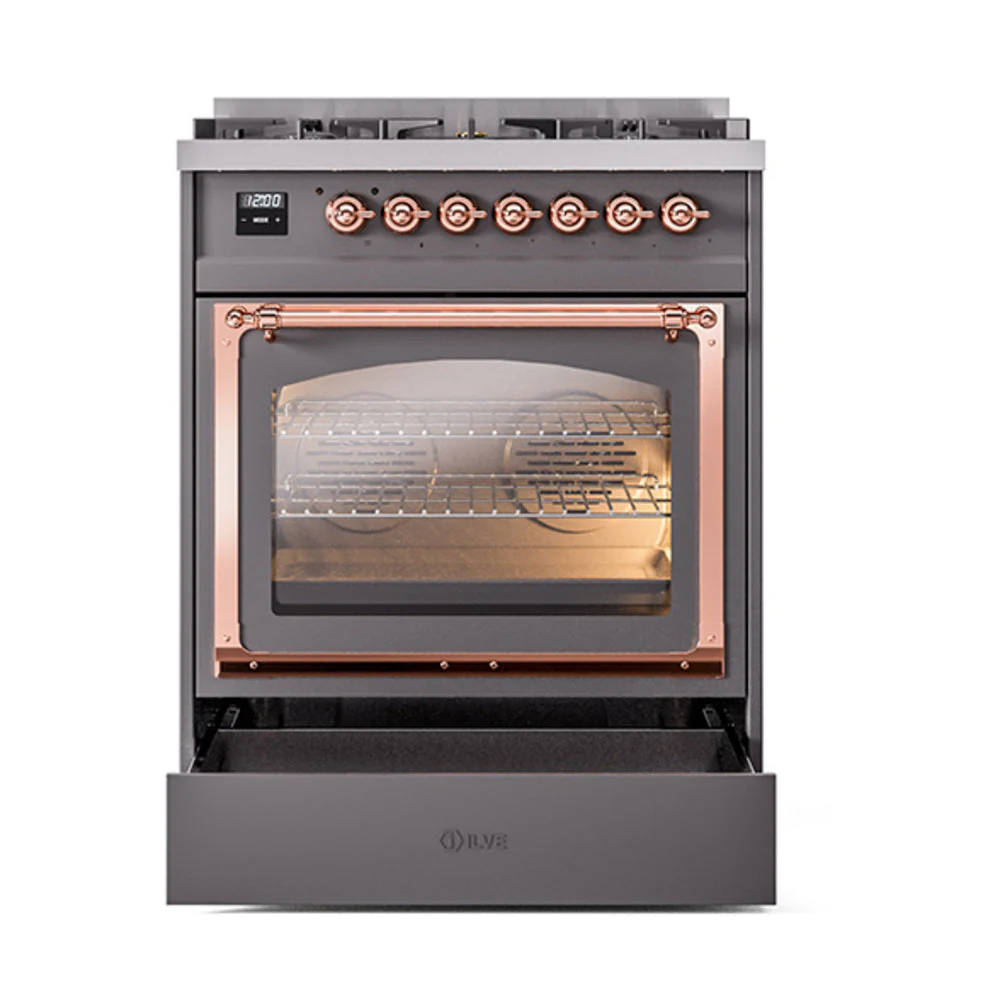ILVE Nostalgie II Noblesse 30-Inch Natural Gas Dual Fuel Range with Triple Glass Door in Matte Graphite with Copper Trim (UN30NMPMGP) - Image 6